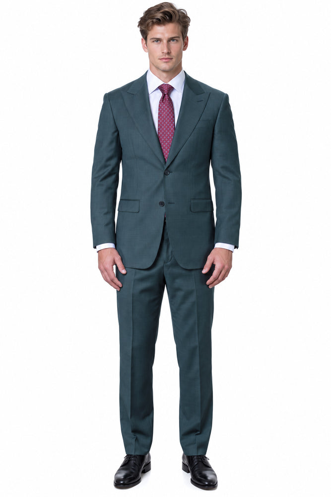 Statement Men's 2 Piece 100% Super 200 Wool Modern Fit Suit - Pic Stitching Peak Lapel Two Buttons in Color Olive