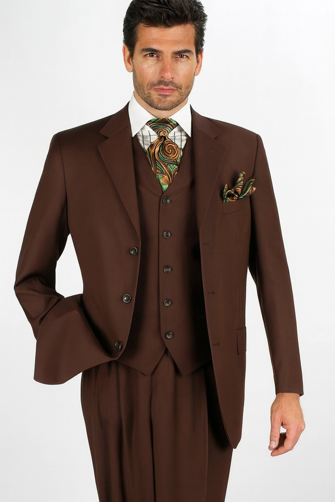 Mens Classic Fit 3 Button Vested Single Pleated Pant Suit in Chocolate Brown