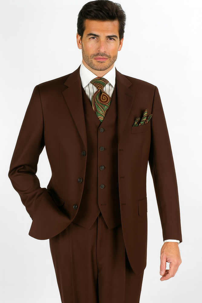 Mens Classic Fit 3 Button Vested Single Pleated Pant Suit in Chocolate Brown