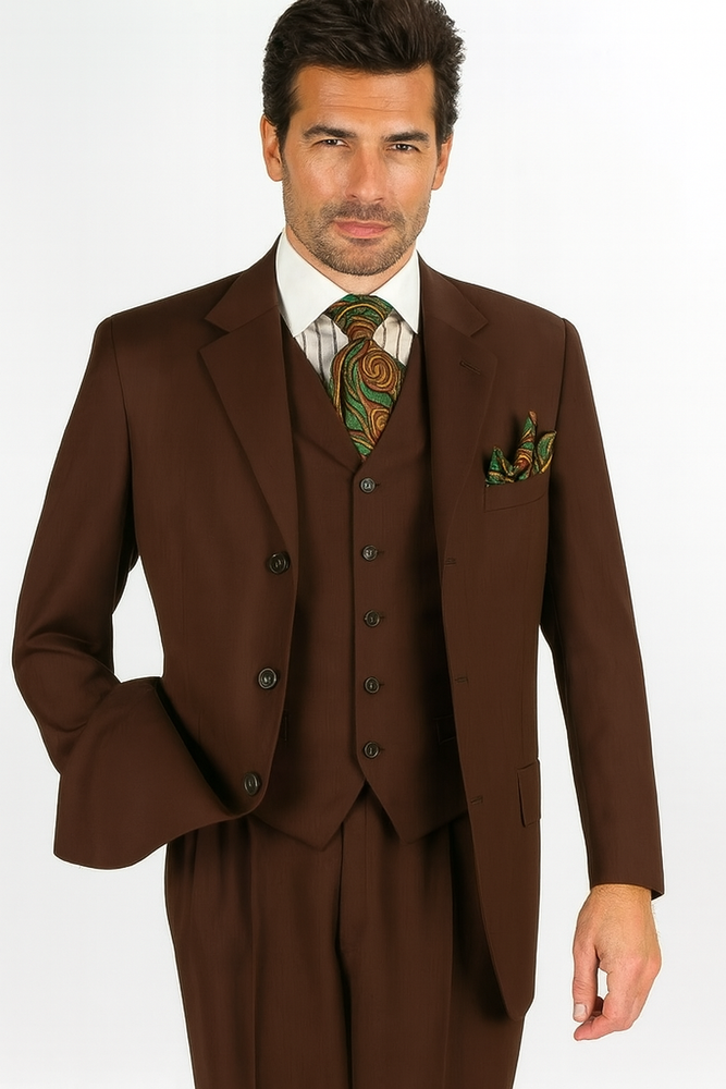 Mens Classic Fit 3 Button Vested Single Pleated Pant Suit in Chocolate Brown