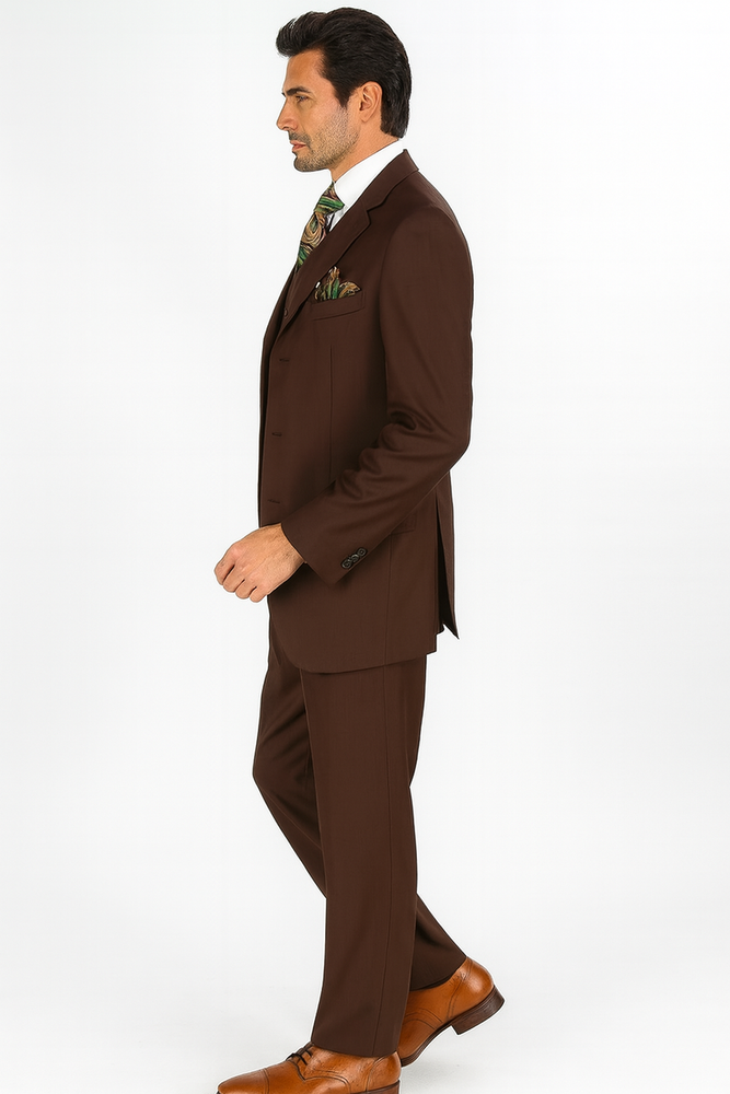 Mens Classic Fit 3 Button Vested Single Pleated Pant Suit in Chocolate Brown