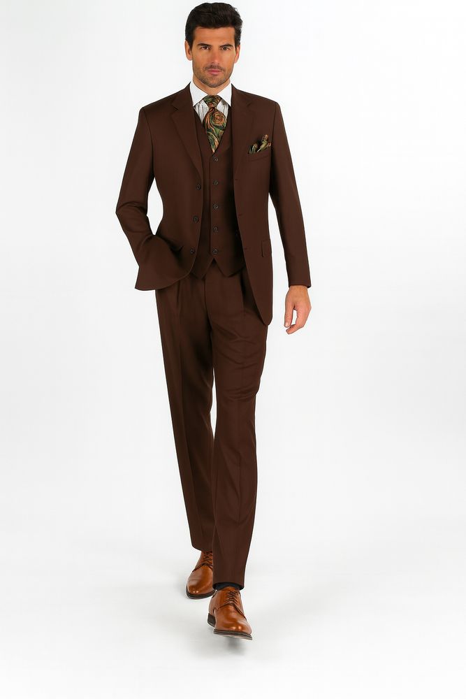 Mens Classic Fit 3 Button Vested Single Pleated Pant Suit in Chocolate Brown