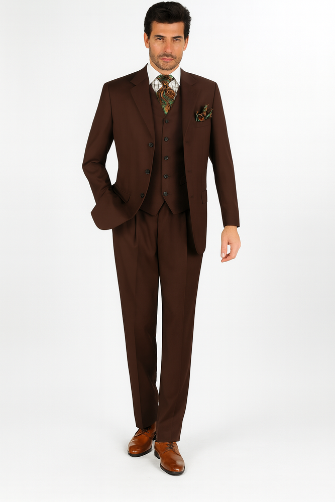 Mens Classic Fit 3 Button Vested Single Pleated Pant Suit in Chocolate Brown