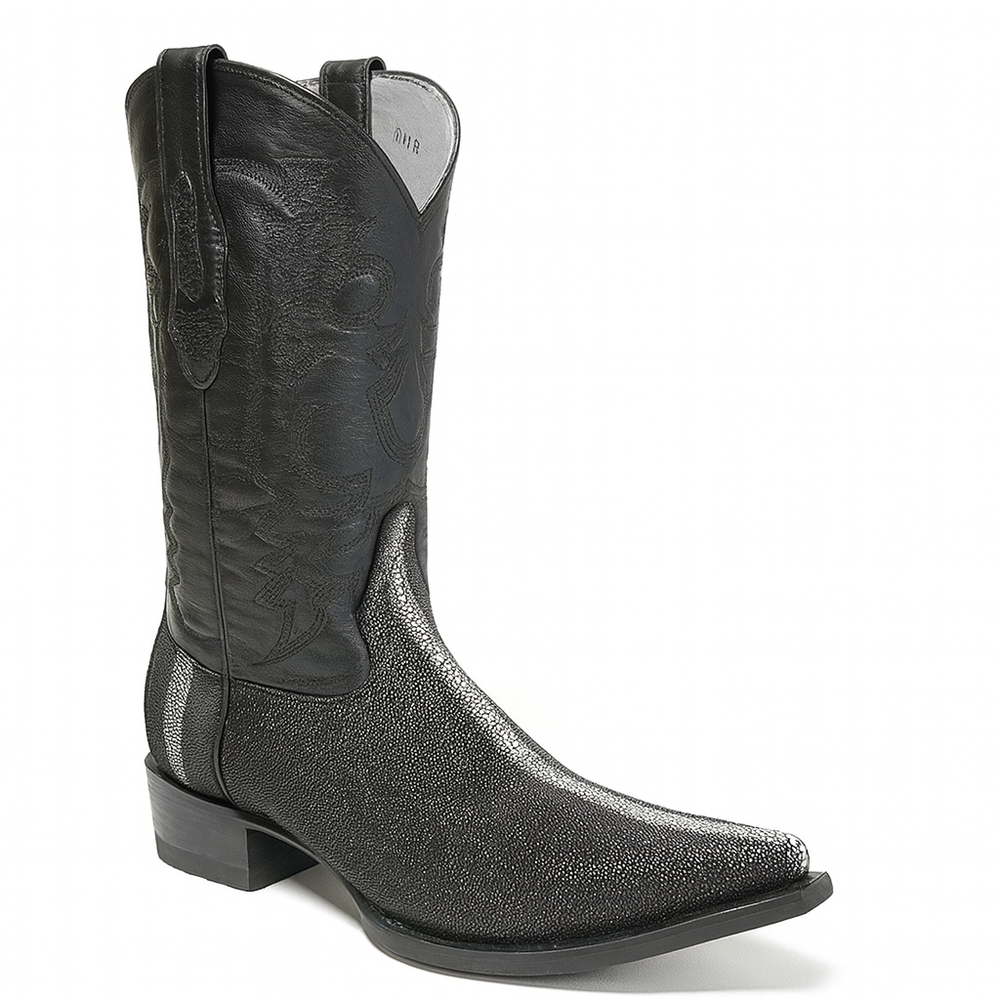 Los Altos Men's Black Stingray with Full Rowstone Finish Snip Toe Boots
