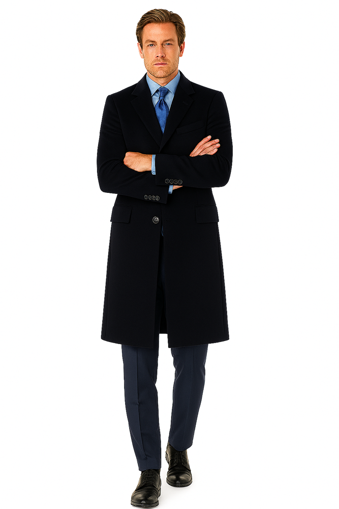 Pure Wool Full-Length Men’s Navy Overcoat – Classic Winter Dress Coat