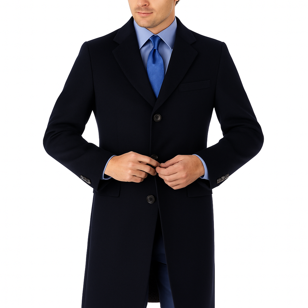 Pure Wool Full-Length Men’s Navy Overcoat – Classic Winter Dress Coat