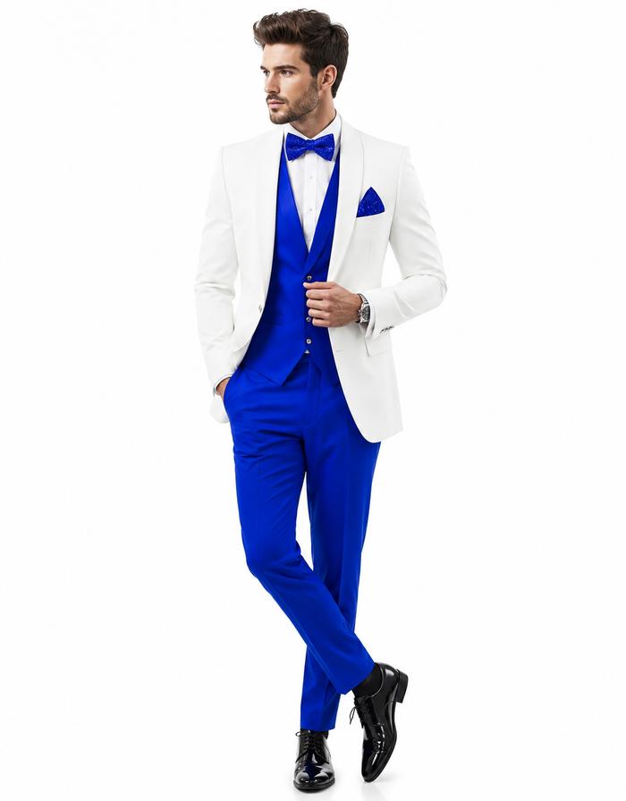 Men’s White and Royal Blue Tuxedo Wedding Suit – White Dinner Jacket with Royal Blue Vest, Pants & Bow Tie