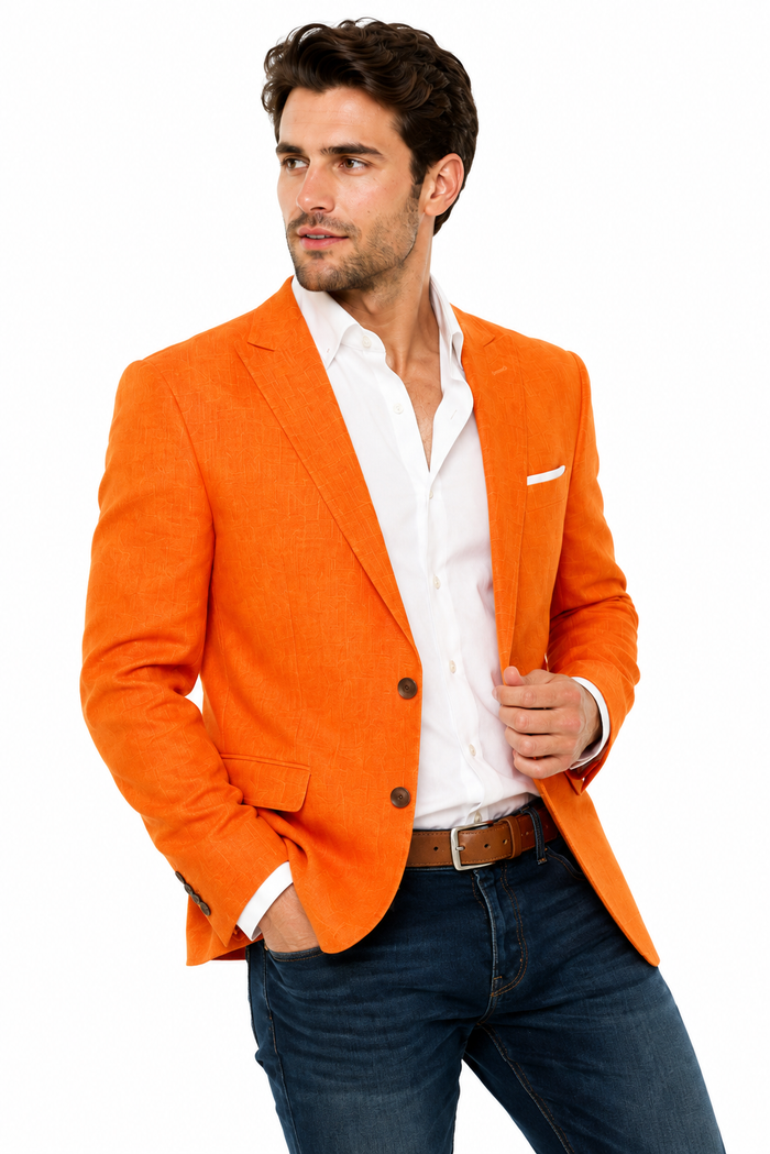 Men’s Vibrant Orange Linen Blazer, Summer Sport Coat for Wedding, Party and Casual Events