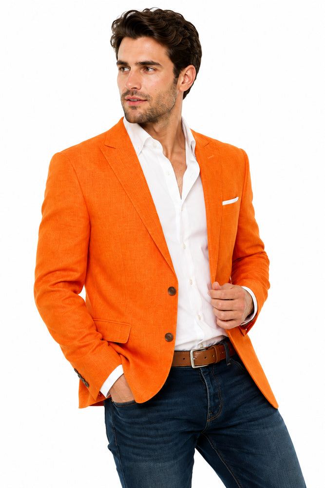 Men’s Vibrant Orange Linen Blazer, Summer Sport Coat for Wedding, Party and Casual Events