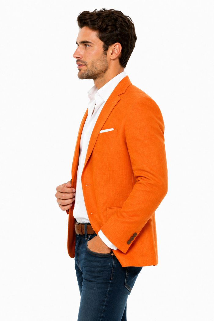 Men’s Vibrant Orange Linen Blazer, Summer Sport Coat for Wedding, Party and Casual Events