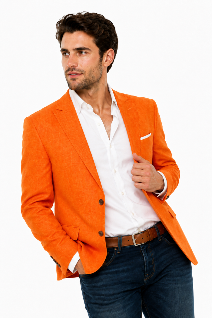 Men’s Vibrant Orange Linen Blazer, Summer Sport Coat for Wedding, Party and Casual Events