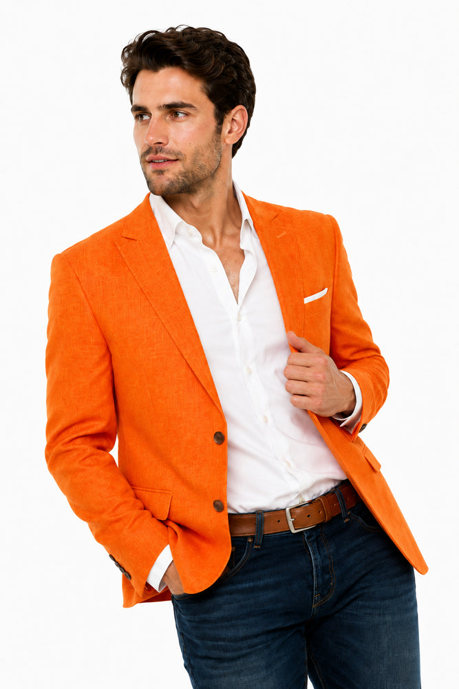Men’s Vibrant Orange Linen Blazer, Summer Sport Coat for Wedding, Party and Casual Events