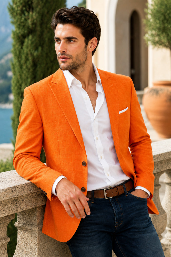 Men’s Vibrant Orange Linen Blazer, Summer Sport Coat for Wedding, Party and Casual Events