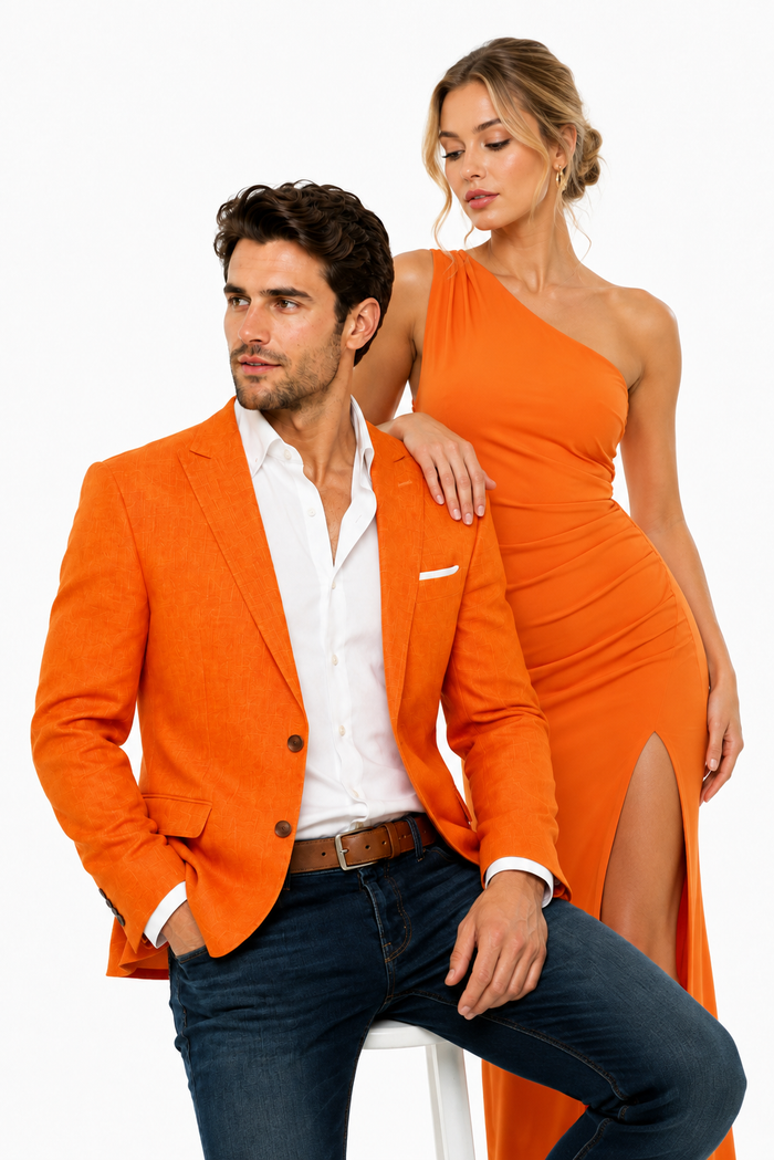 Men’s Vibrant Orange Linen Blazer, Summer Sport Coat for Wedding, Party and Casual Events