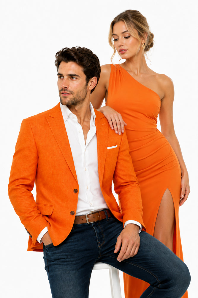 Men’s Vibrant Orange Linen Blazer, Summer Sport Coat for Wedding, Party and Casual Events