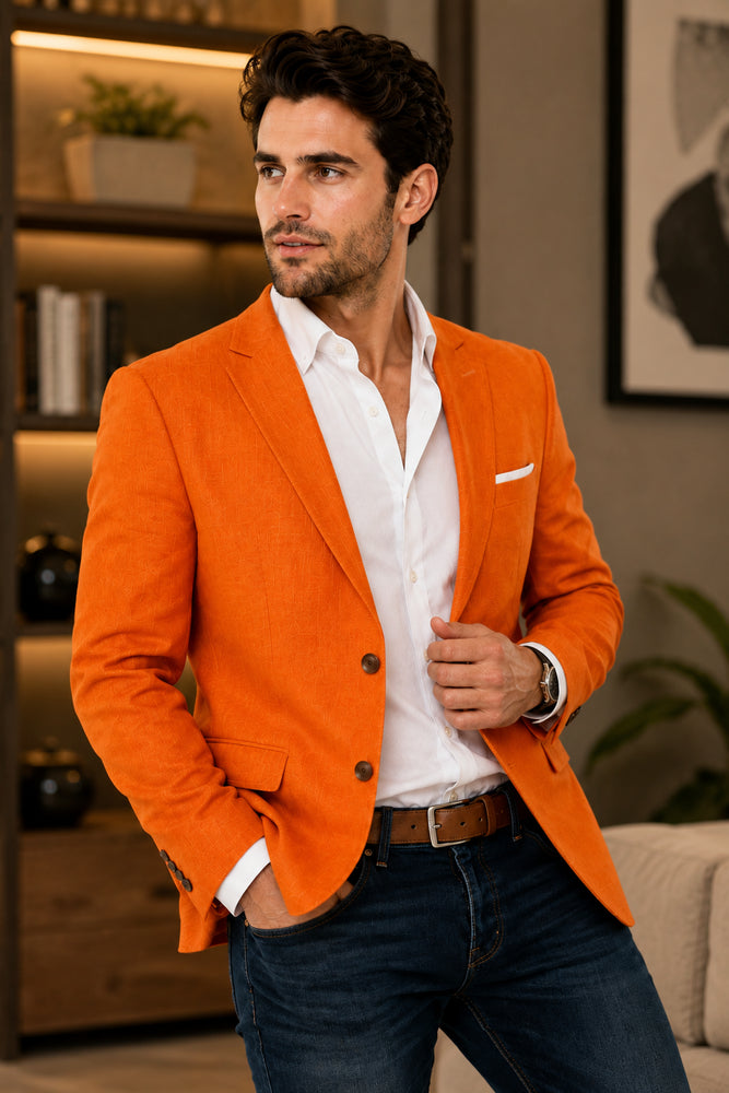 Men’s Vibrant Orange Linen Blazer, Summer Sport Coat for Wedding, Party and Casual Events
