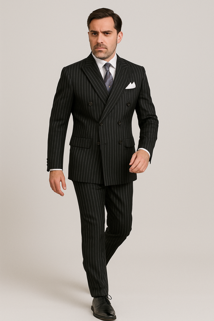 Rockefeller Collection - Double Breasted Stripe Suit Black Regular Fit 2 Piece