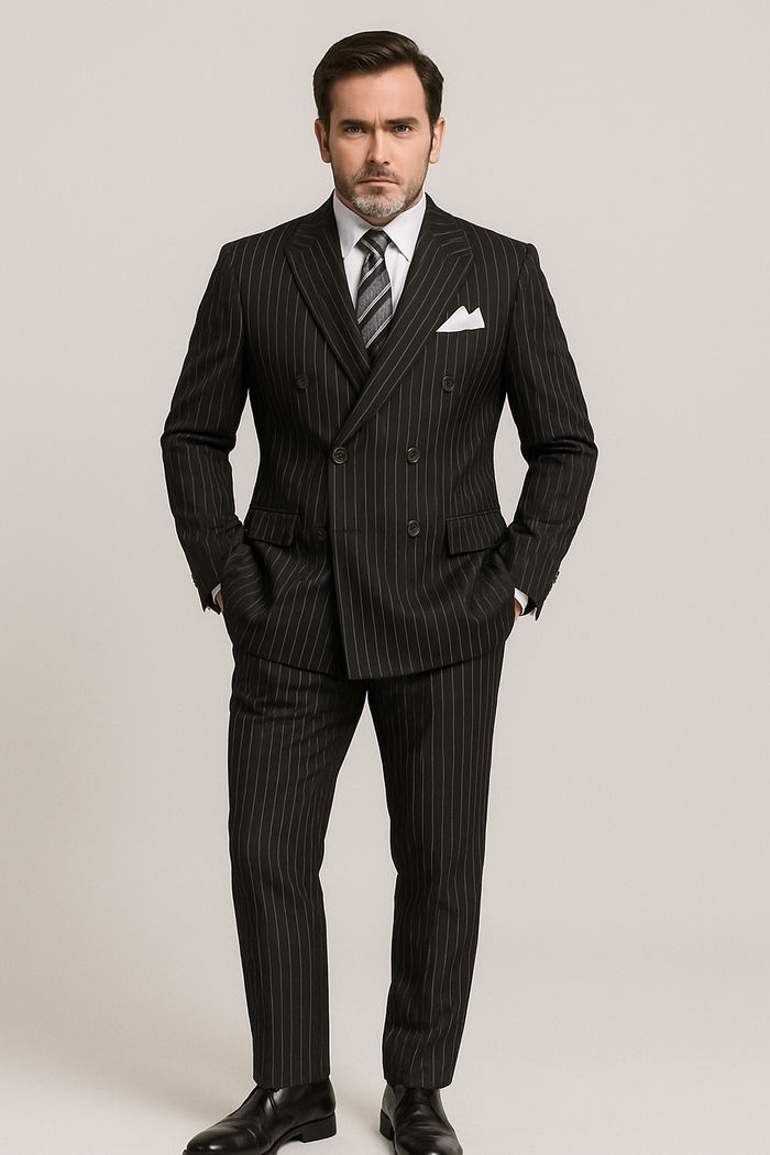 Rockefeller Collection - Double Breasted Stripe Suit Black Regular Fit 2 Piece