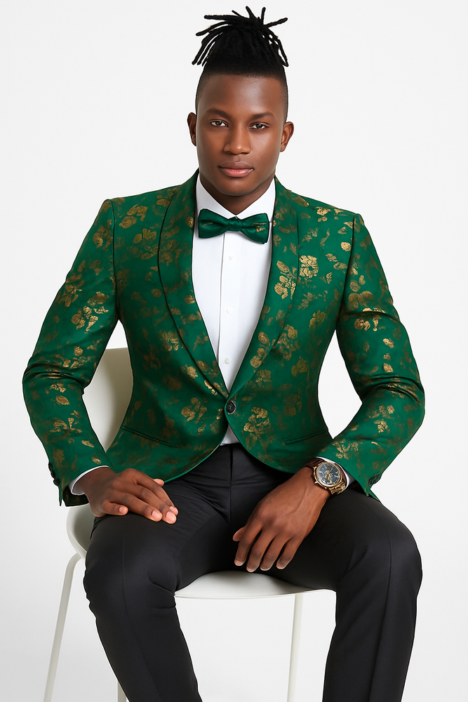Men's slim fit hunter green and gold paisley prom and wedding tuxedo jacket