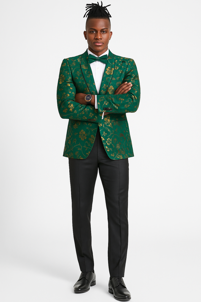 Men's slim fit hunter green and gold paisley prom and wedding tuxedo jacket