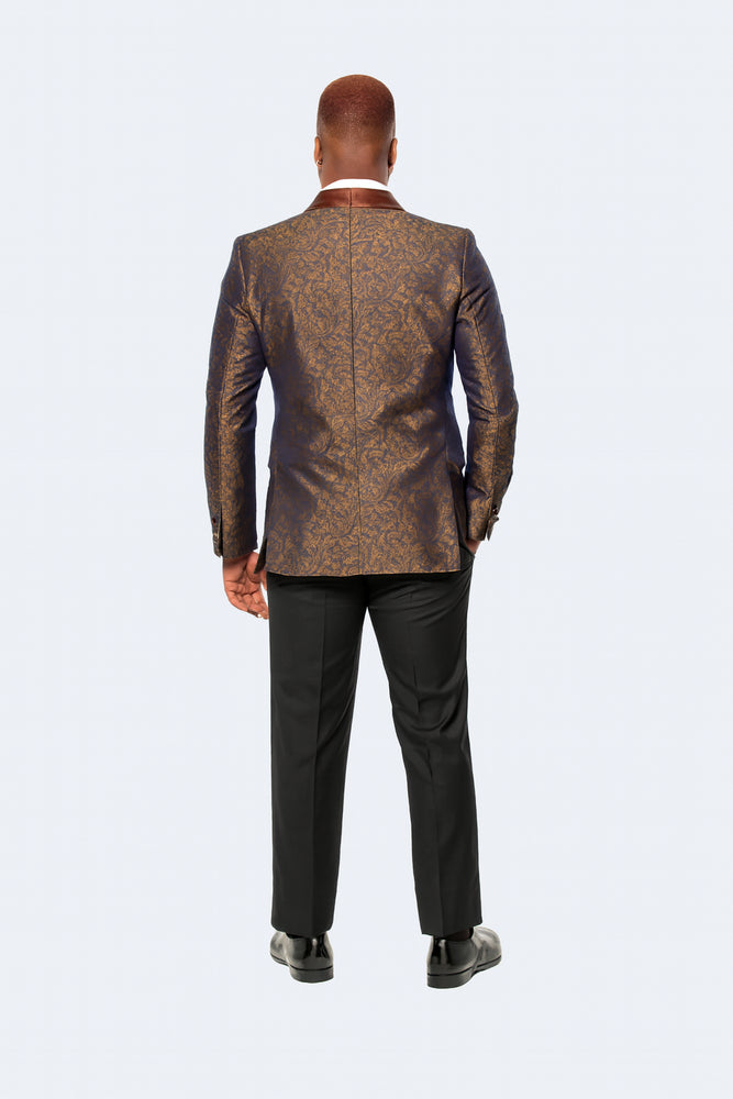 Mens Brown Paisley Tuxedo with Brown Satin Lapel and Black Pants – Formal Wedding Suit with Chain Brooch