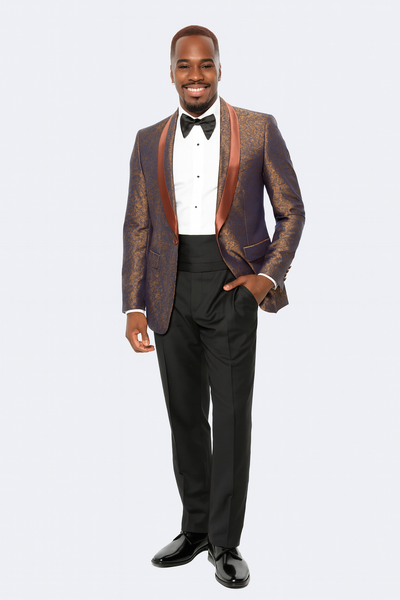 Mens Brown Paisley Tuxedo with Brown Satin Lapel and Black Pants – Formal Wedding Suit with Chain Brooch