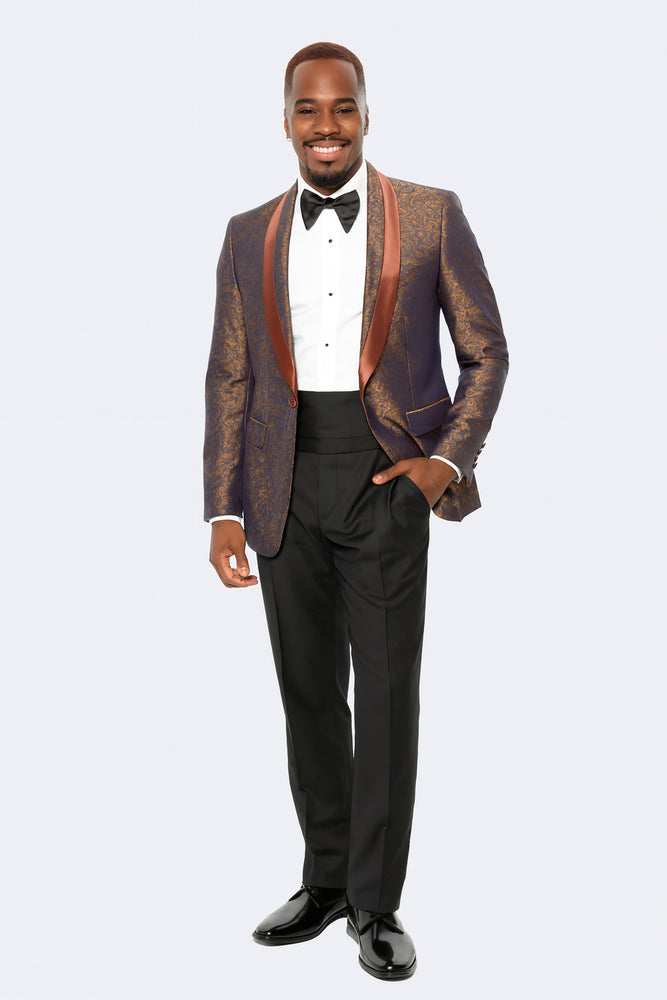 Mens Brown Paisley Tuxedo with Brown Satin Lapel and Black Pants – Formal Wedding Suit with Chain Brooch