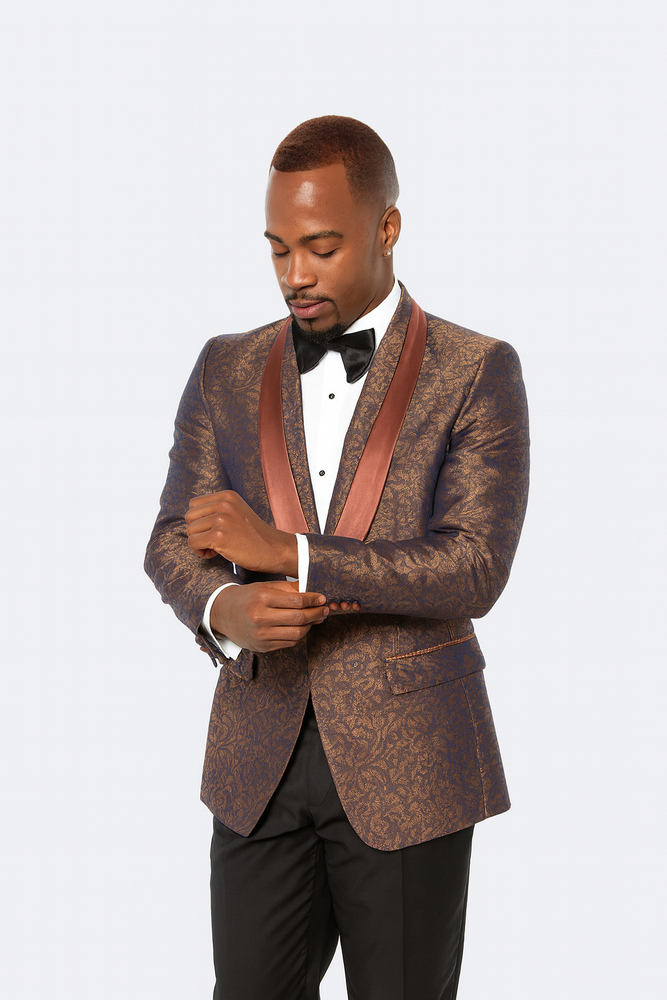 Mens Brown Paisley Tuxedo with Brown Satin Lapel and Black Pants – Formal Wedding Suit with Chain Brooch