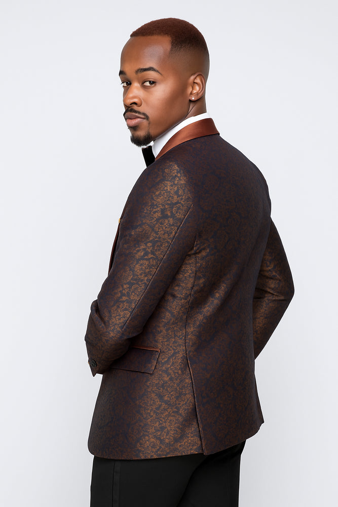 Mens Brown Paisley Tuxedo with Brown Satin Lapel and Black Pants – Formal Wedding Suit with Chain Brooch