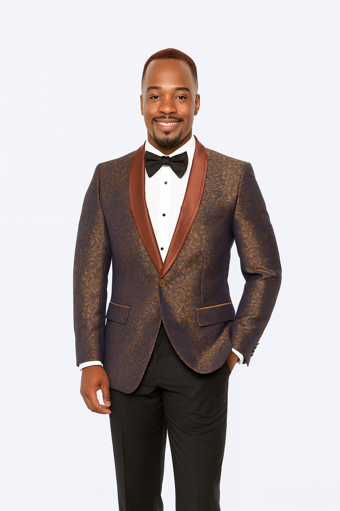 Mens Brown Paisley Tuxedo with Brown Satin Lapel and Black Pants – Formal Wedding Suit with Chain Brooch