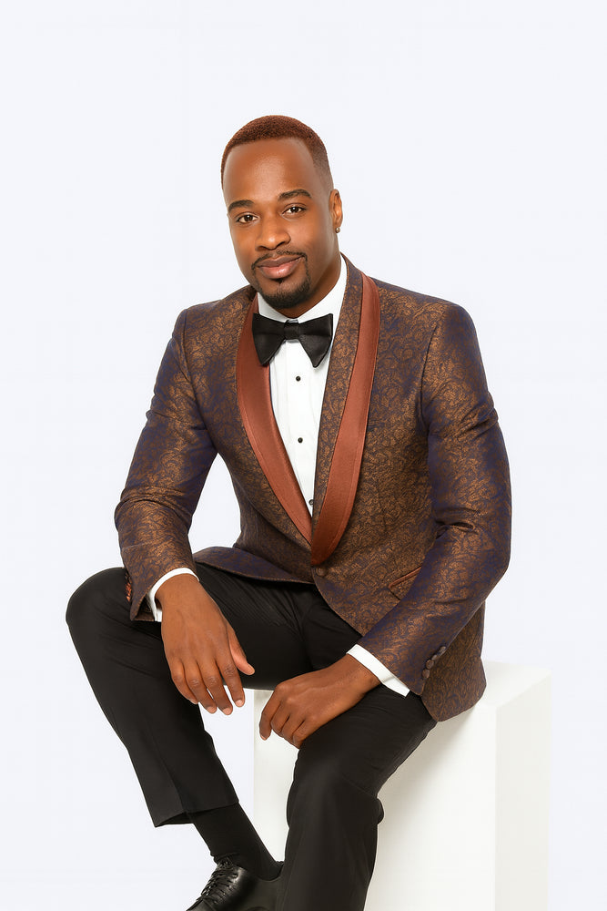 Mens Brown Paisley Tuxedo with Brown Satin Lapel and Black Pants – Formal Wedding Suit with Chain Brooch