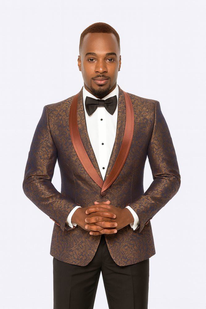 Mens Brown Paisley Tuxedo with Brown Satin Lapel and Black Pants – Formal Wedding Suit with Chain Brooch
