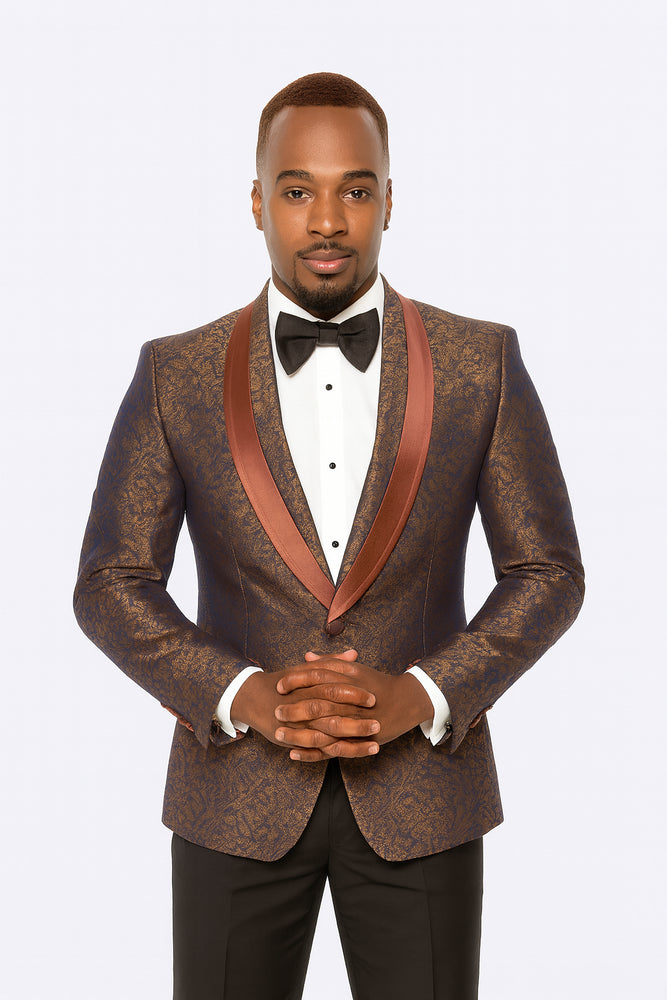 Mens Brown Paisley Tuxedo with Brown Satin Lapel and Black Pants – Formal Wedding Suit with Chain Brooch