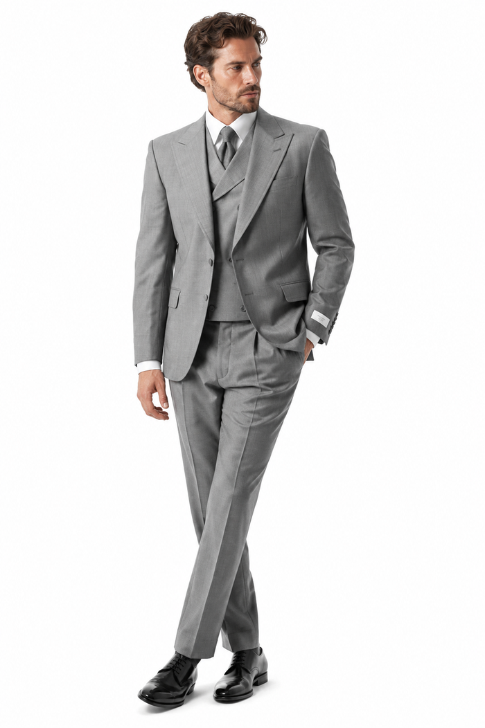 Men’s Grey 1920s Style 3 Piece Suit with Double Breasted Slanted Vest, Peak Lapel & Pleated Wide Leg Pants