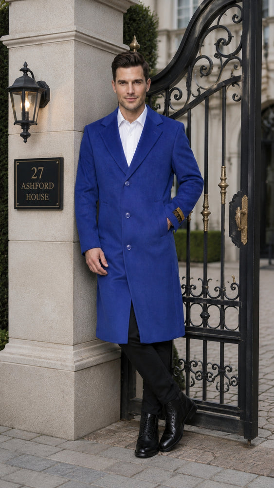 Men’s Royal Blue Full Length Overcoat Big and Tall Wool Blend Dress Topcoat Winter Coat 4XL 5XL 6XL