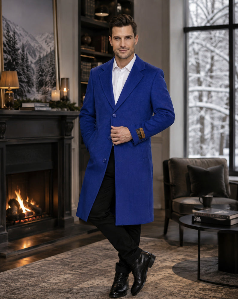 Men’s Royal Blue Full Length Overcoat Big and Tall Wool Blend Dress Topcoat Winter Coat 4XL 5XL 6XL