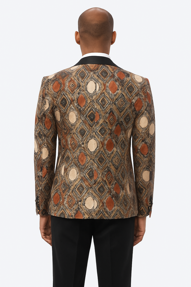 Men's Rust Geometric Pattern Tuxedo with Vest & Bowtie – One Button Formal Suit