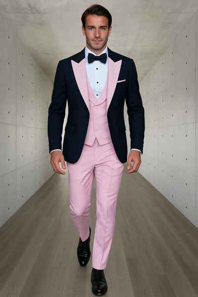 Men’s Black and Pink Wool Tuxedo – Designer Vested Tuxedo with Contrast Satin Peak Lapel for Wedding & Prom
