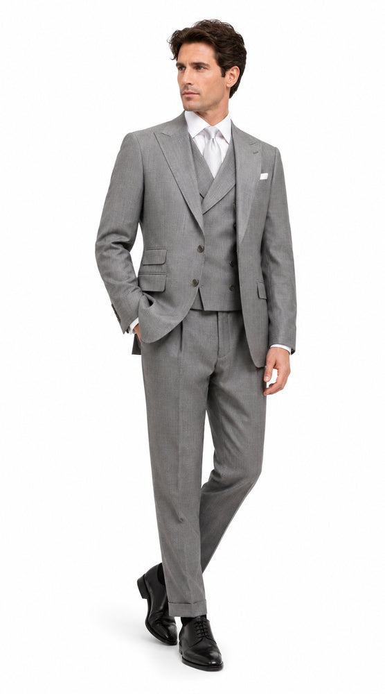 Men’s Light Grey Classic Fit Suit with Double Breasted Vest and Pleated Pants, Formal Dress Suit