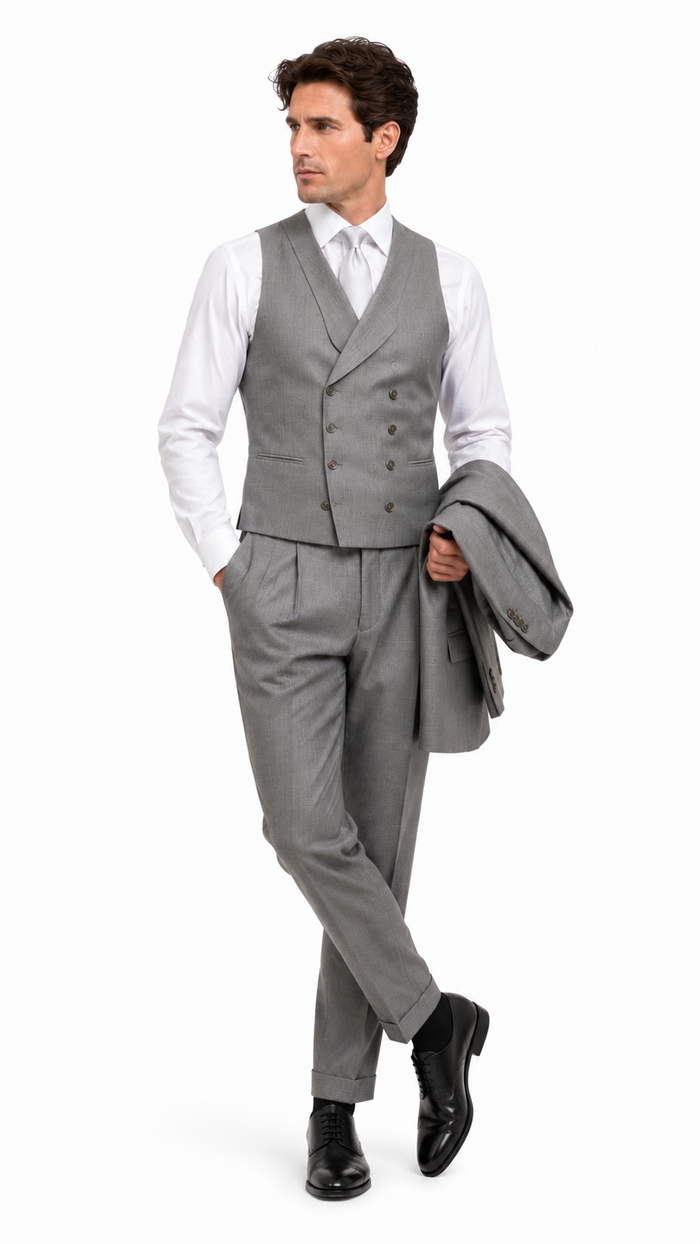 Men’s Light Grey Classic Fit Suit with Double Breasted Vest and Pleated Pants, Formal Dress Suit
