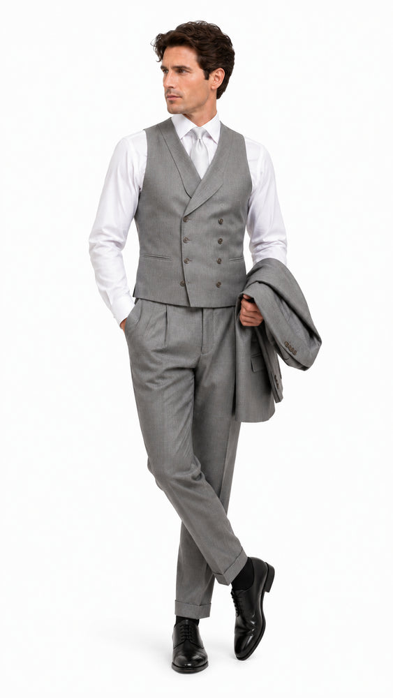 Men’s Light Grey Classic Fit Suit with Double Breasted Vest and Pleated Pants, Formal Dress Suit