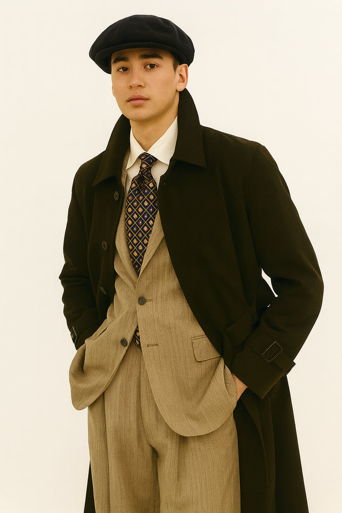 All Weather Men's Dress Coat Belted Rain Coat ~ Long full Maxi length Trench Coat Black Long Style