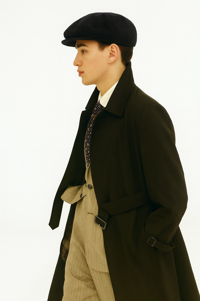 All Weather Men's Dress Coat Belted Rain Coat ~ Long full Maxi length Trench Coat Black Long Style