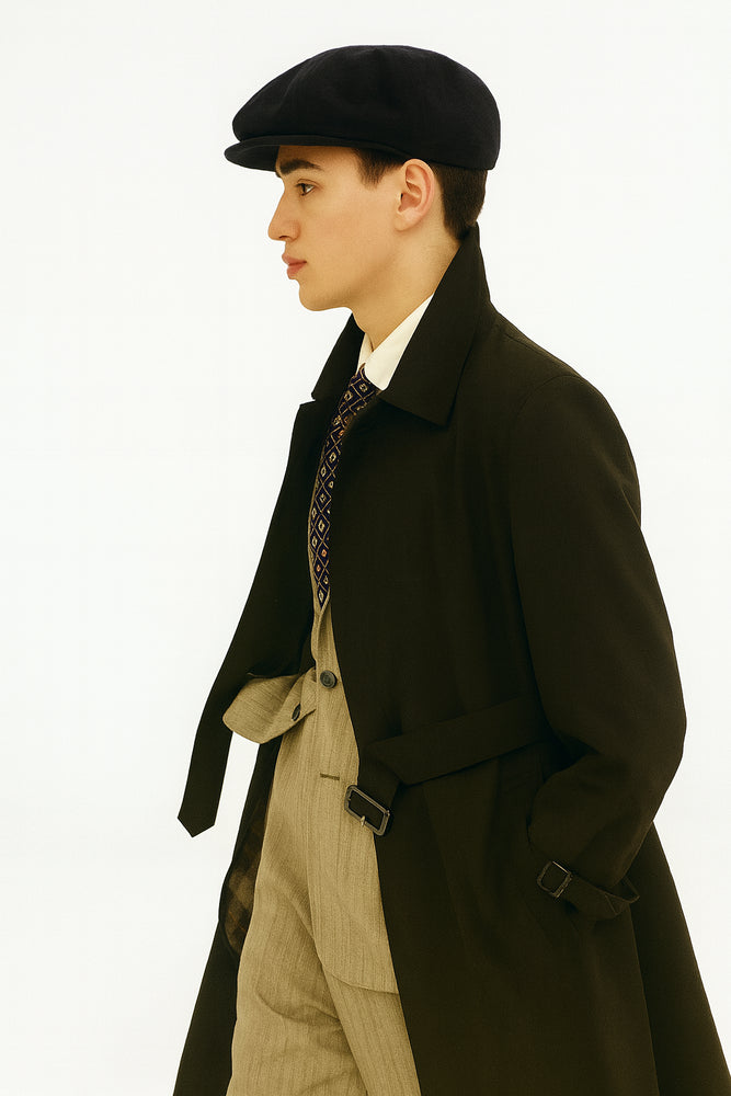 All Weather Men's Dress Coat Belted Rain Coat ~ Long full Maxi length Trench Coat Black Long Style