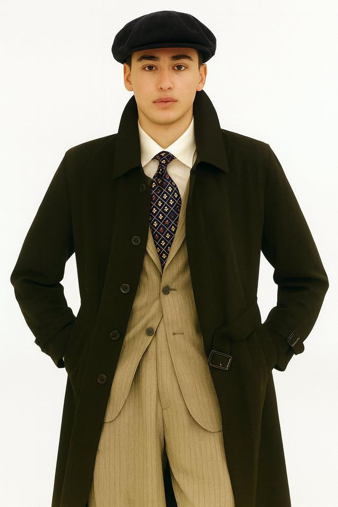 All Weather Men's Dress Coat Belted Rain Coat ~ Long full Maxi length Trench Coat Black Long Style
