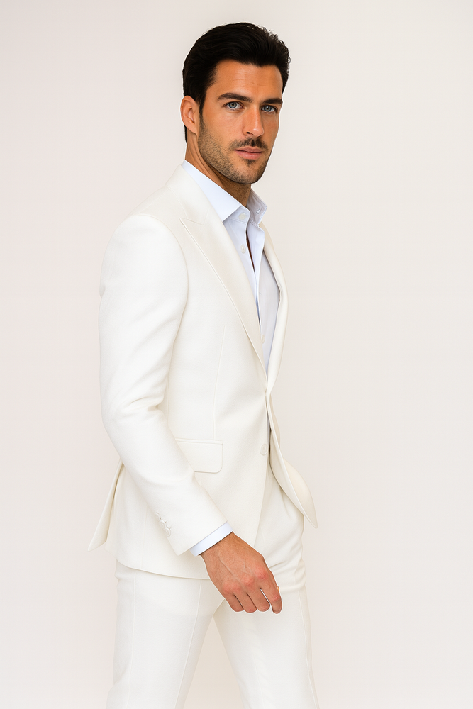 Seersucker Suit Peak Lapel Suit in Color "White" - Summer Fabric Tone on Tone Shadow Stripe By Rossiman