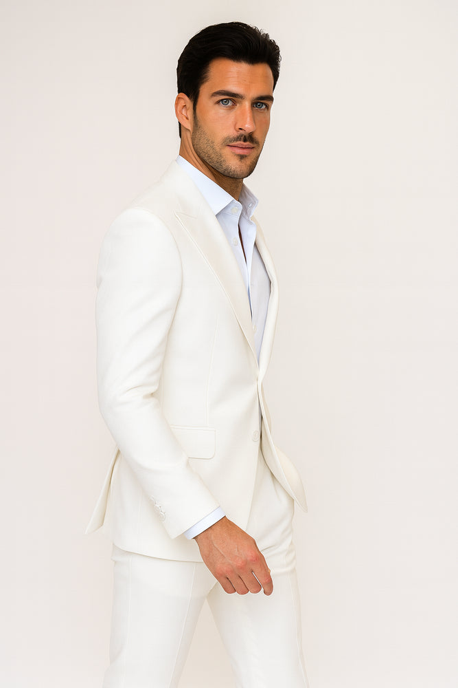Seersucker Suit Peak Lapel Suit in Color "White" - Summer Fabric Tone on Tone Shadow Stripe By Rossiman