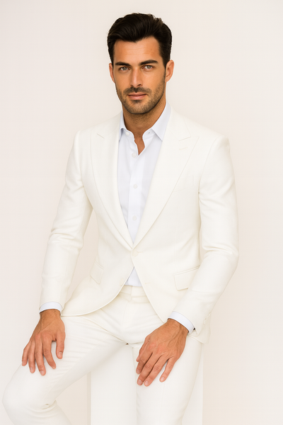 Seersucker Suit Peak Lapel Suit in Color "White" - Summer Fabric Tone on Tone Shadow Stripe By Rossiman