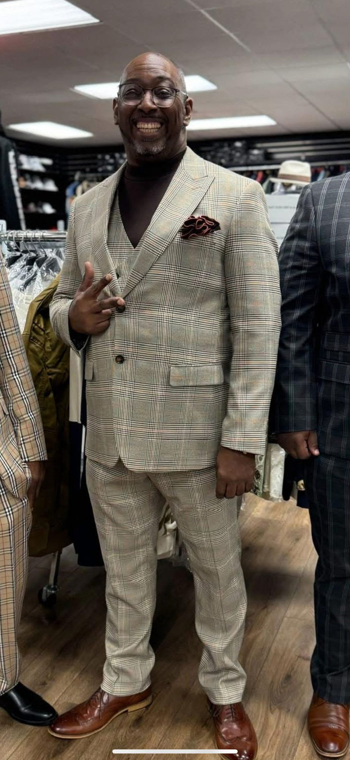 Mens Beige Plaid 3-Piece Suit – Classic Checkered Suit for Weddings, Church Vested Checkered Pattern