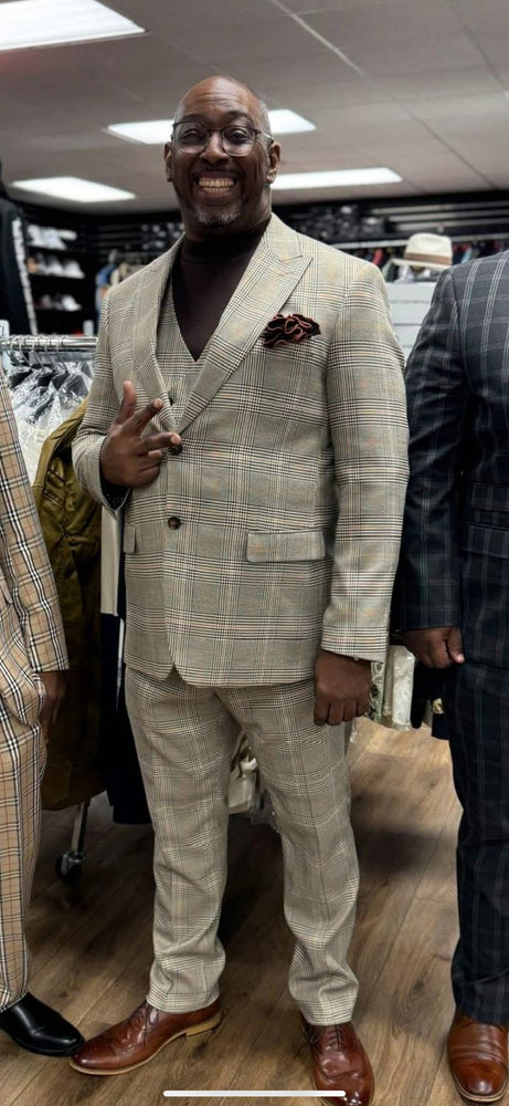 Mens Beige Plaid 3-Piece Suit – Classic Checkered Suit for Weddings, Church Vested Checkered Pattern